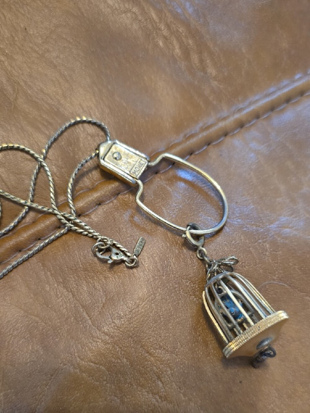 Vintage Monet Moving Mechanical Birdcage Pendant Necklace (H)